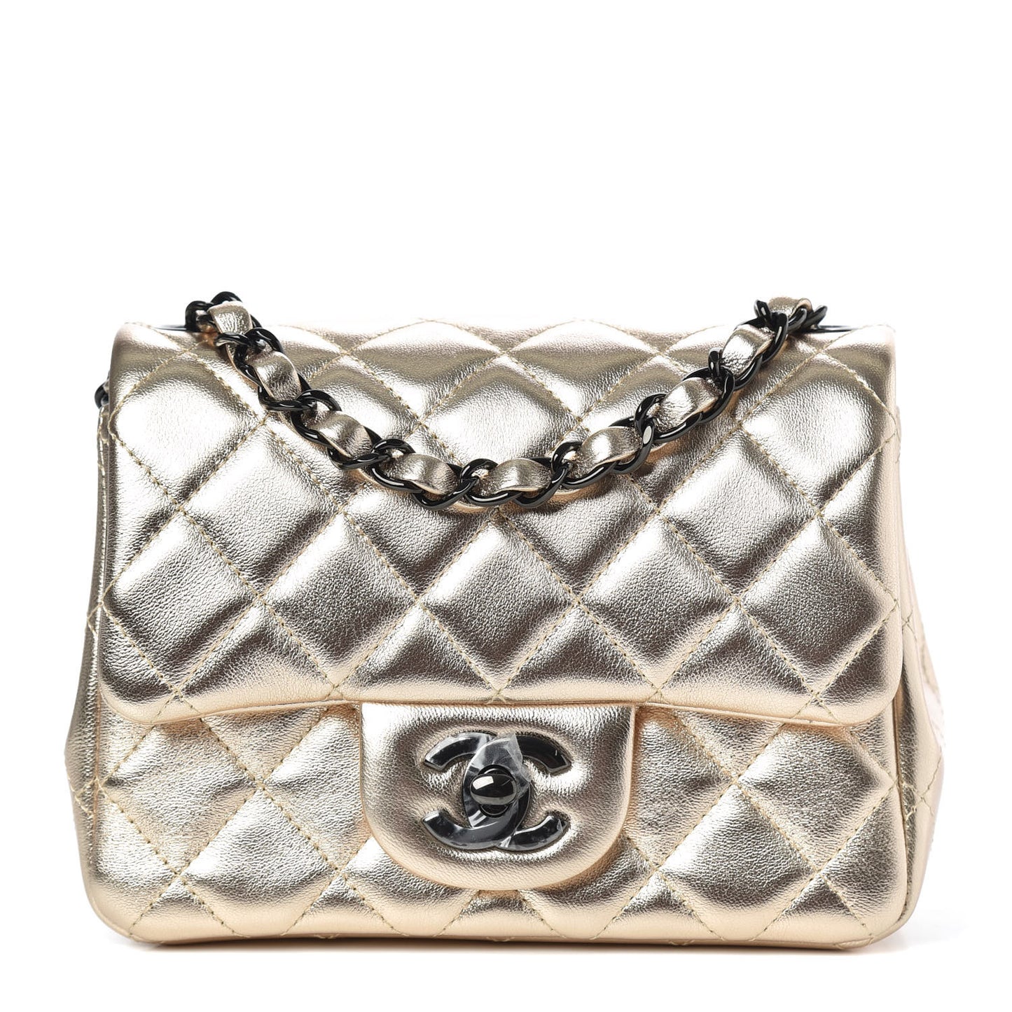 Metallic Lambskin Quilted Mini Square Flap Gold Black