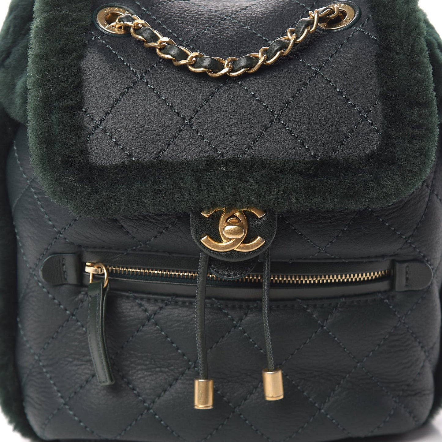 Lambskin Shearling Quilted CC Backpack Dark Green