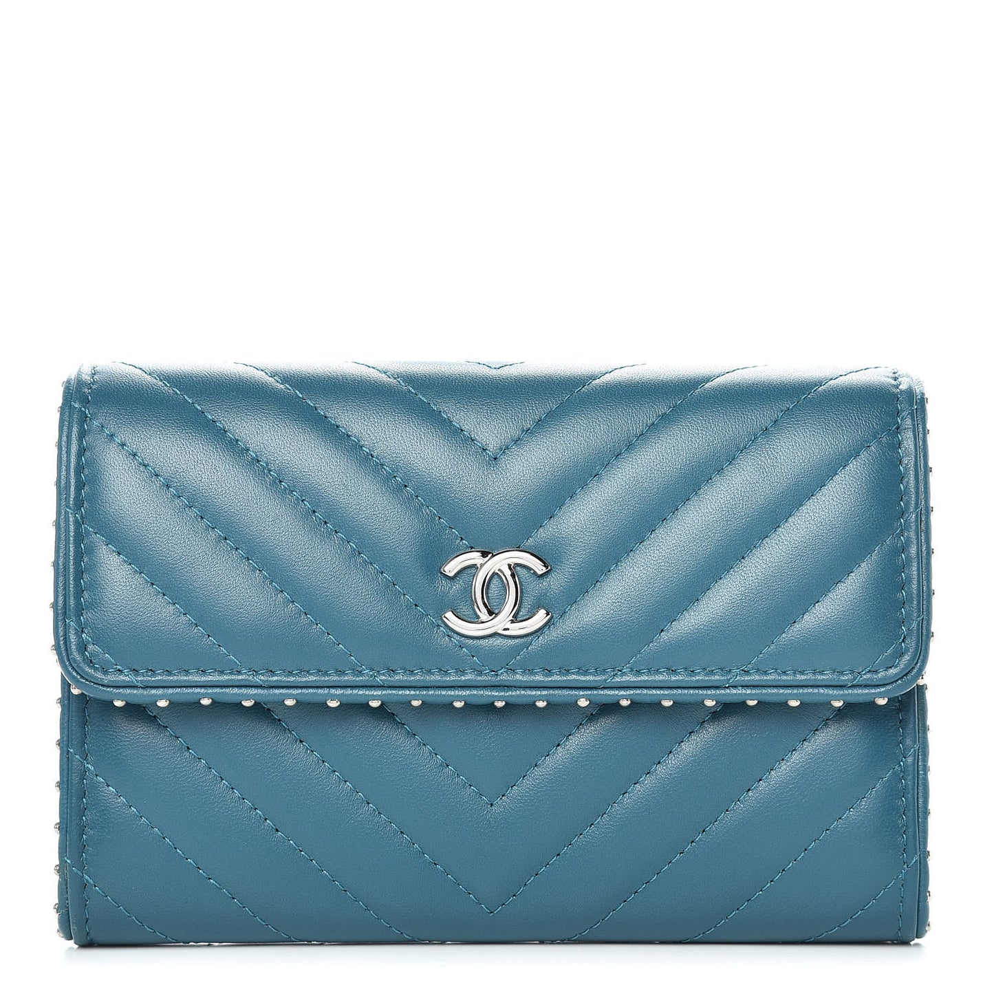 Lambskin Chevron Quilted Studded Small Flap Wallet Teal