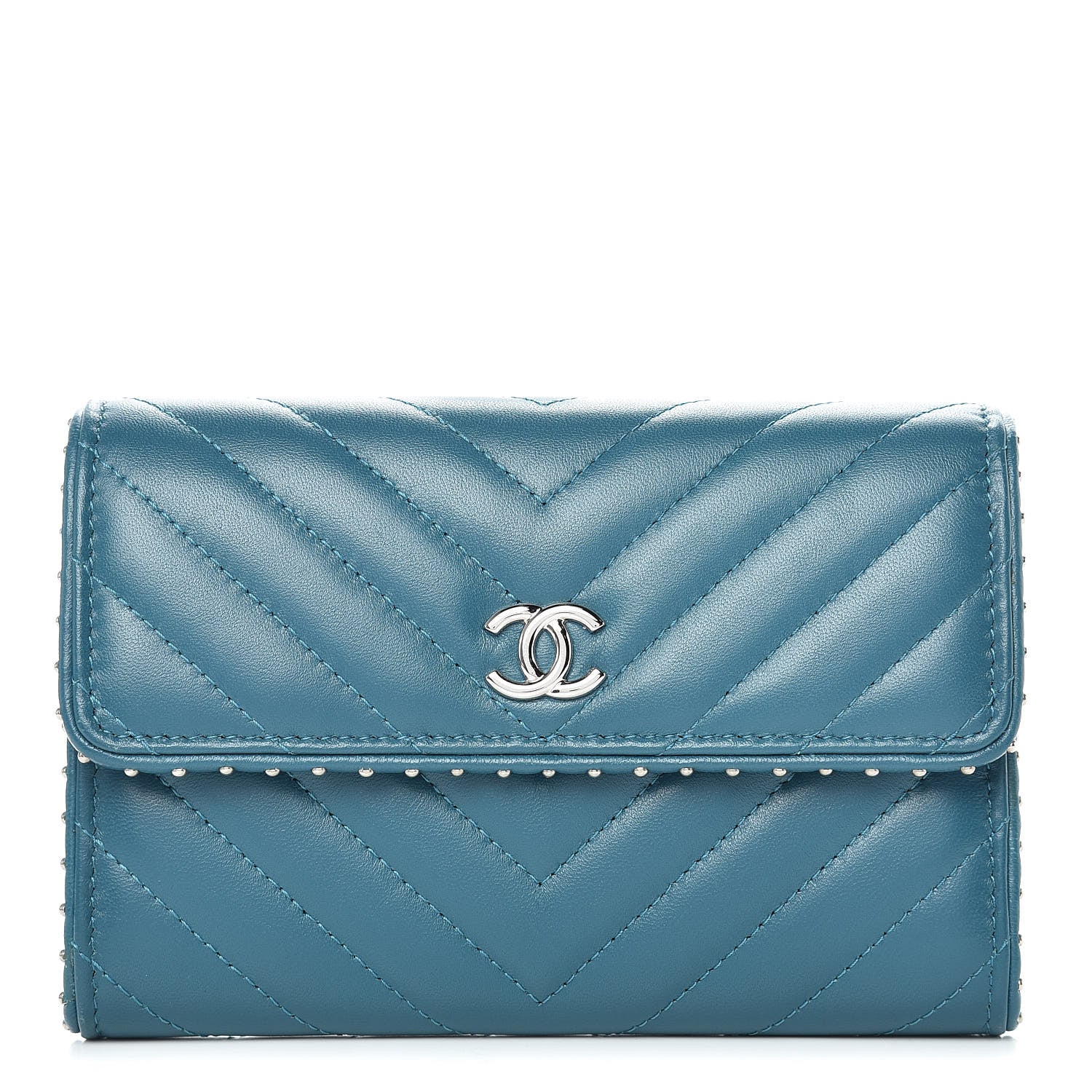 Chanel Lambskin Chevron Quilted Studded Small Flap Wallet Teal 1 of 13