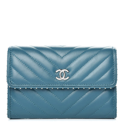 Chanel Lambskin Chevron Quilted Studded Small Flap Wallet Teal 1 of 13