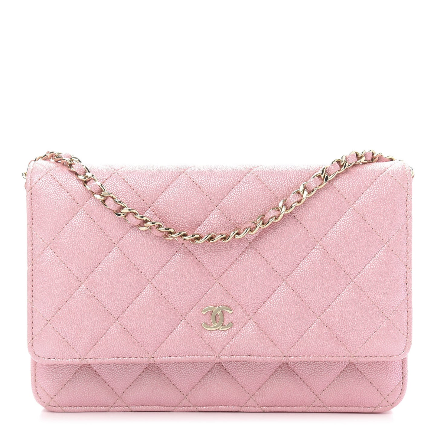 Iridescent Caviar Quilted Wallet on Chain WOC Pink