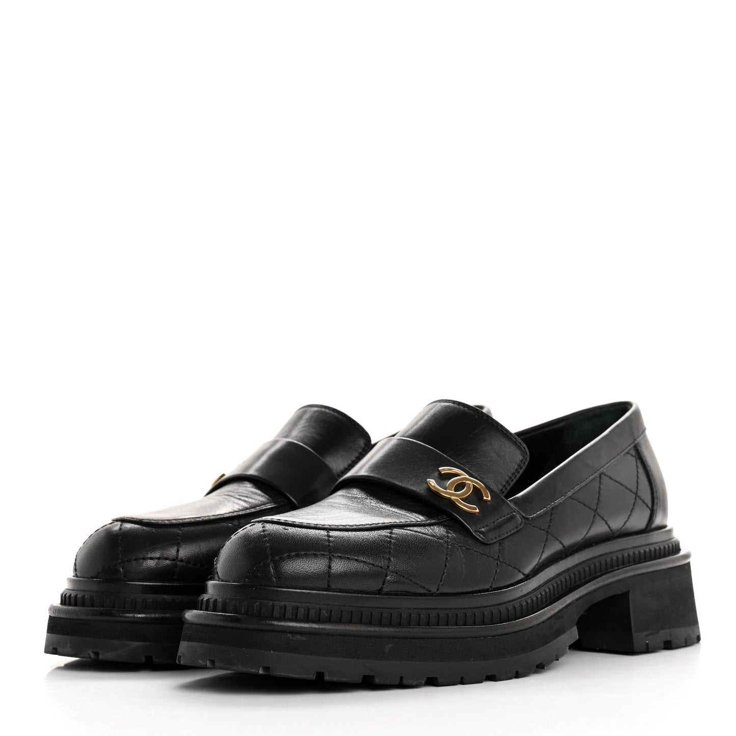 Calfskin Quilted CC Mocassin Loafers 38 Black