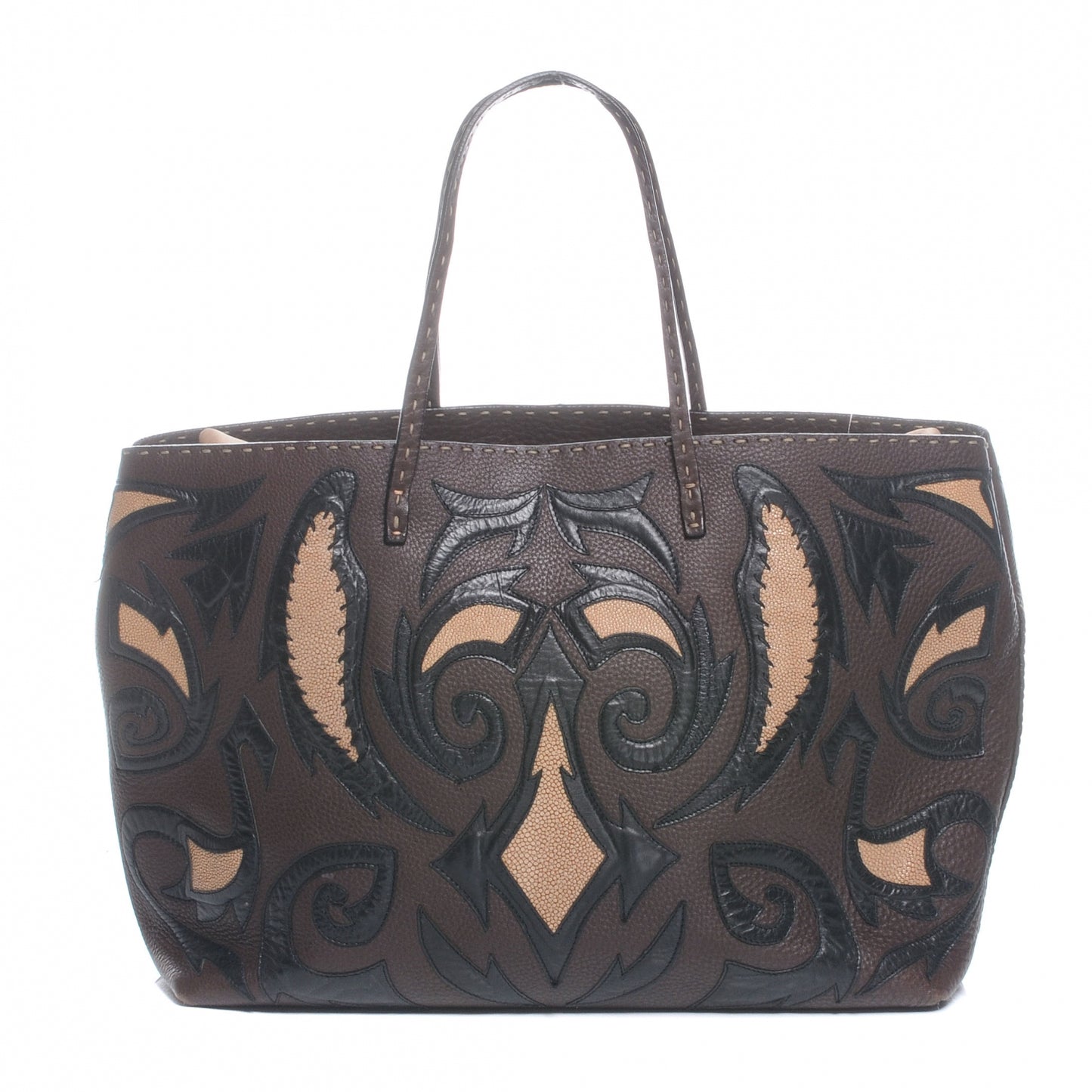 Calfskin Romano Stingray Selleria Whipstitch Shopper Tote Brown