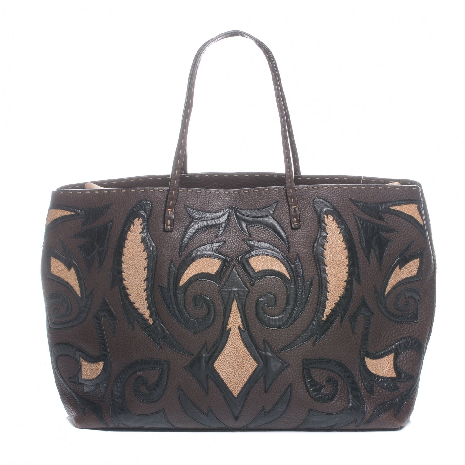 Fendi Calfskin Romano Stingray Selleria Whipstitch Shopper Tote Brown 1 of 7