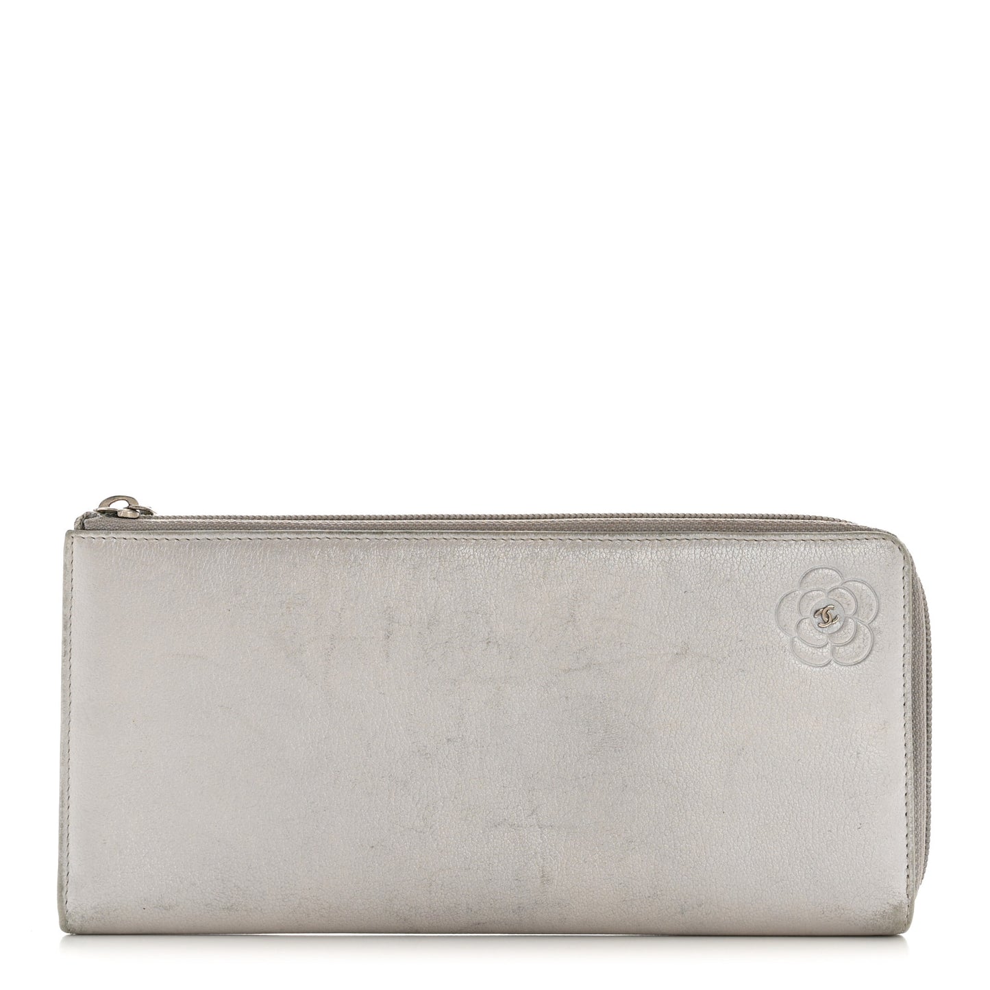 Metallic Goatskin Camellia Embossed Zip Around Wallet Silver