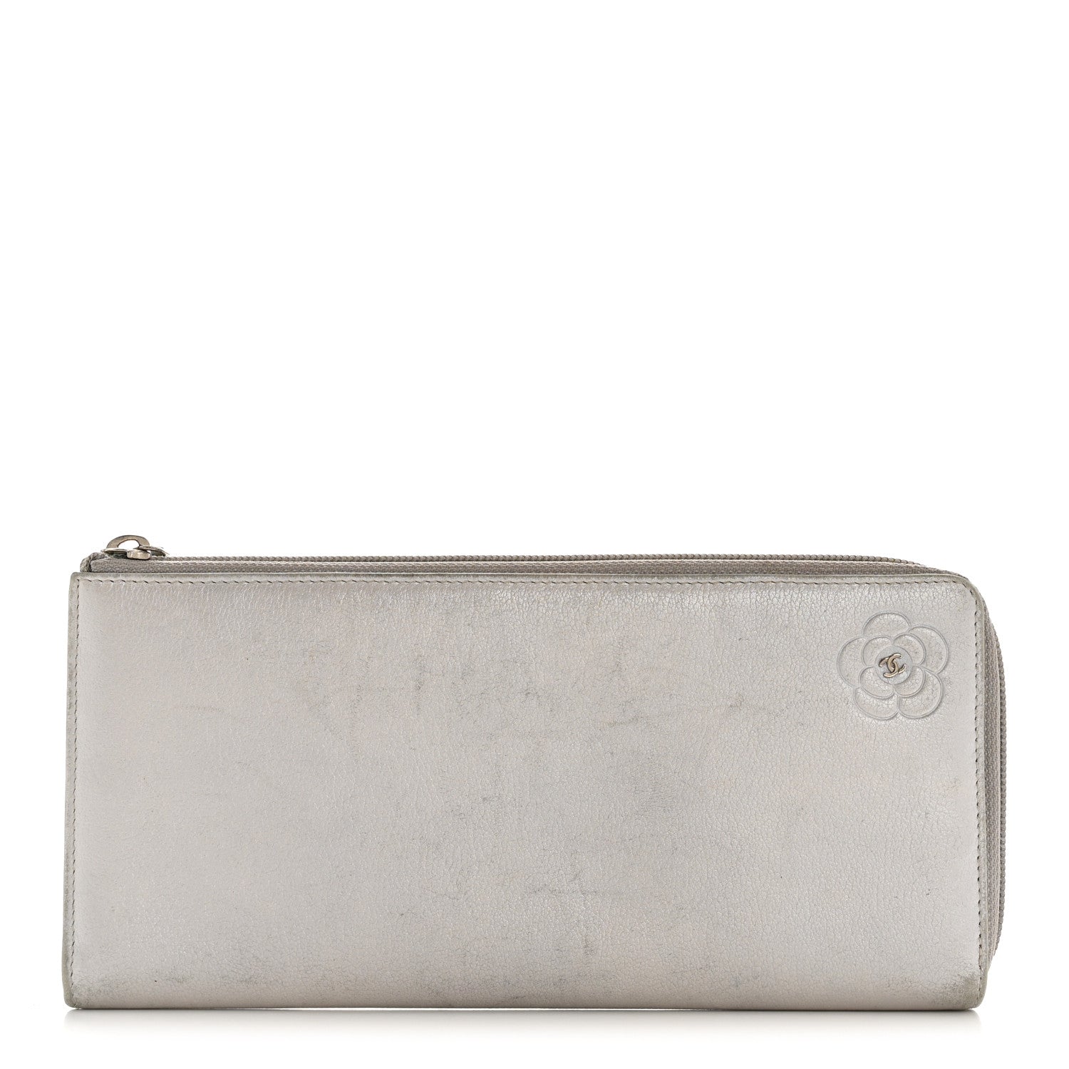 Chanel Metallic Goatskin Camellia Embossed Zip Around Wallet Silver 1 of 10