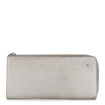Chanel Metallic Goatskin Camellia Embossed Zip Around Wallet Silver 1 of 10
