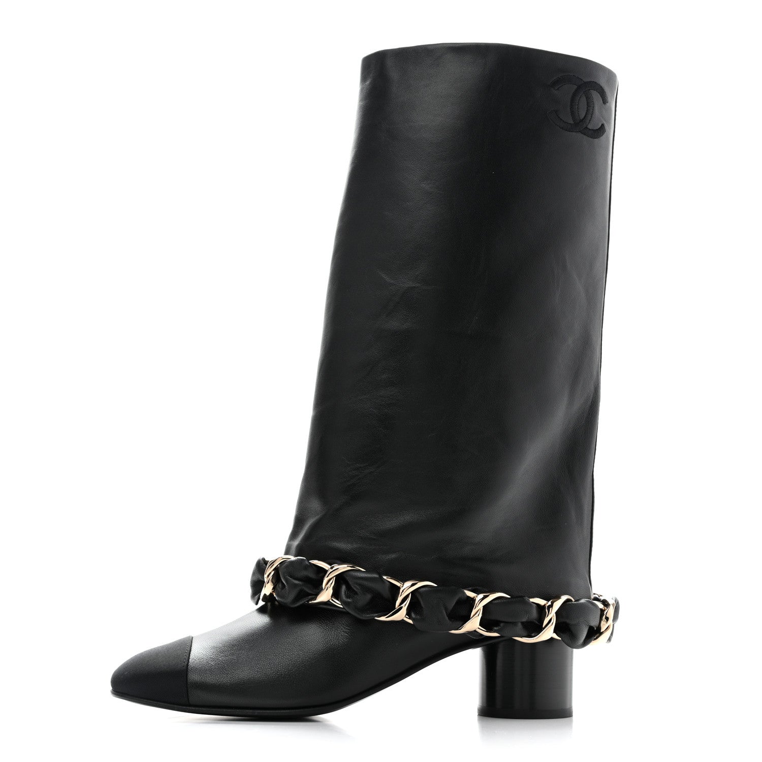 Chanel Lambskin Grosgrain Cap Toe Chain High Boots  39.5 Black 1 of 9
