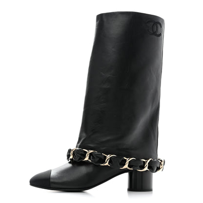 Chanel Lambskin Grosgrain Cap Toe Chain High Boots  39.5 Black 1 of 9