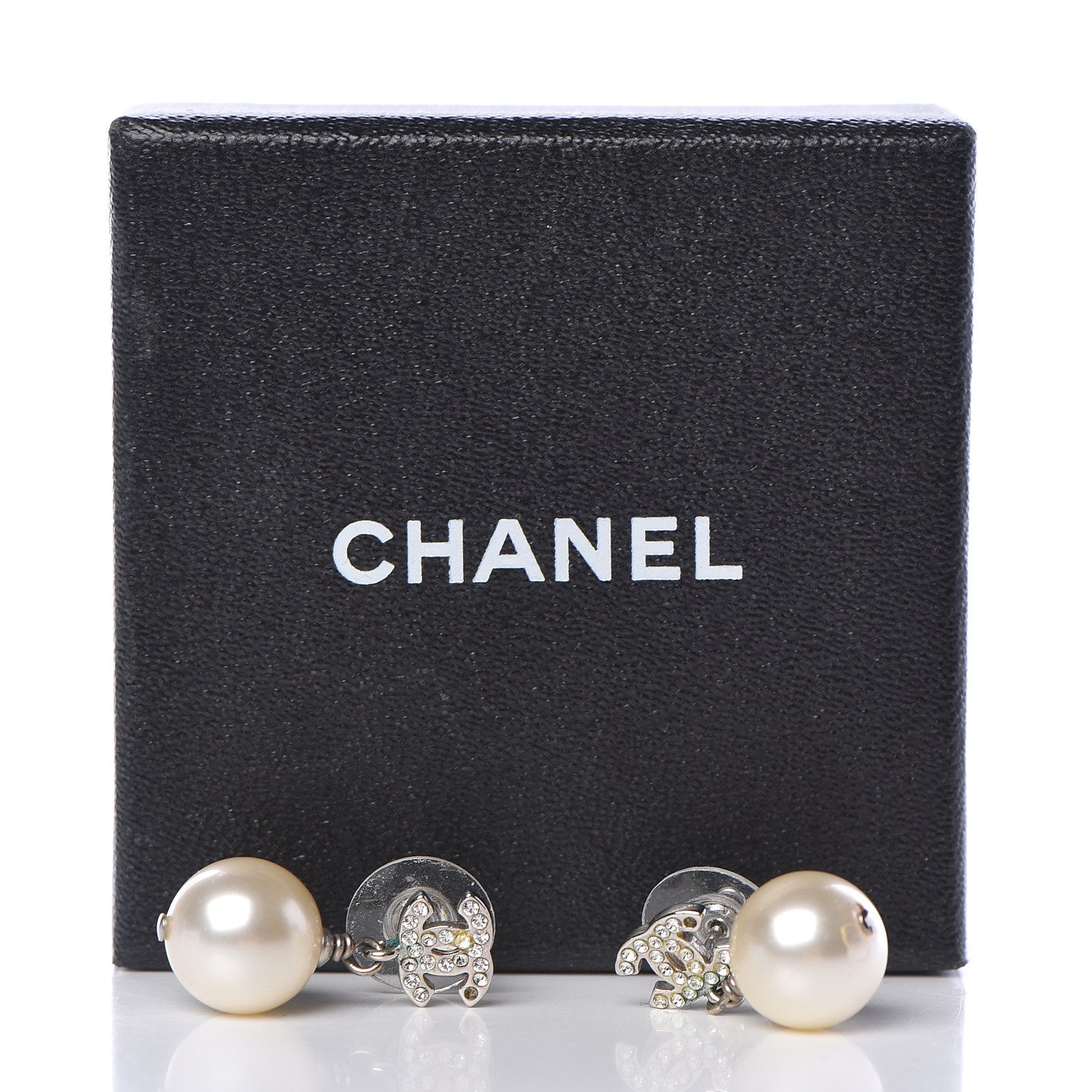 Chanel Crystal Pearl CC Drop Earrings Silver Pearly White 4 of 4