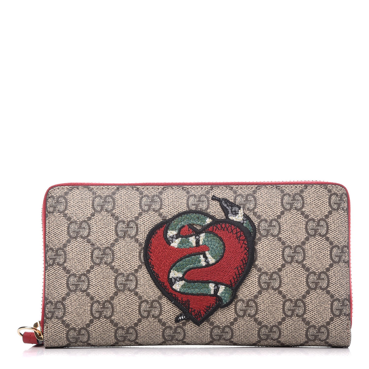 Gucci GG Supreme Monogram Kingsnake Heart Embroidered Zip Around Wallet Red 1 of 9