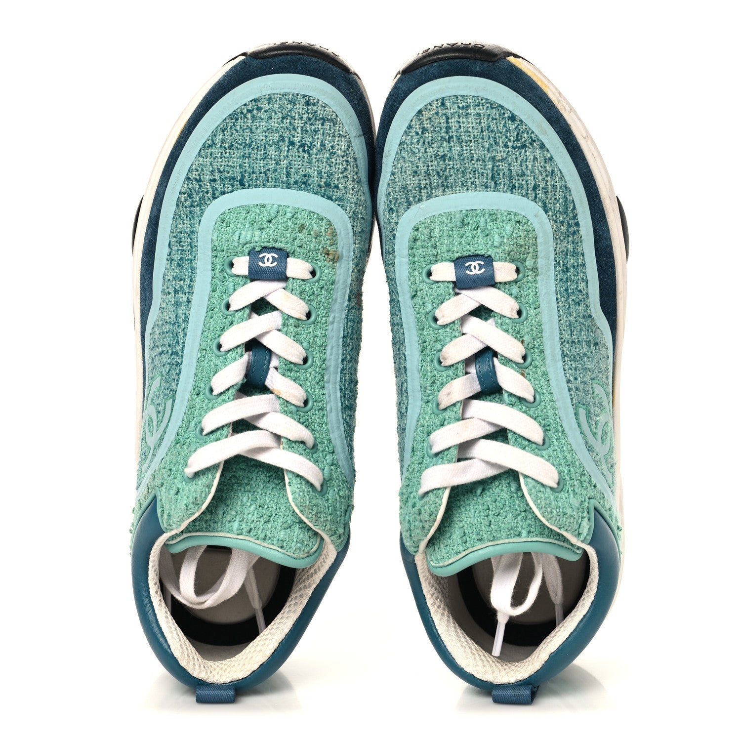Chanel Tweed Suede Calfskin CC Sneakers 41 Green Navy 2 of 9