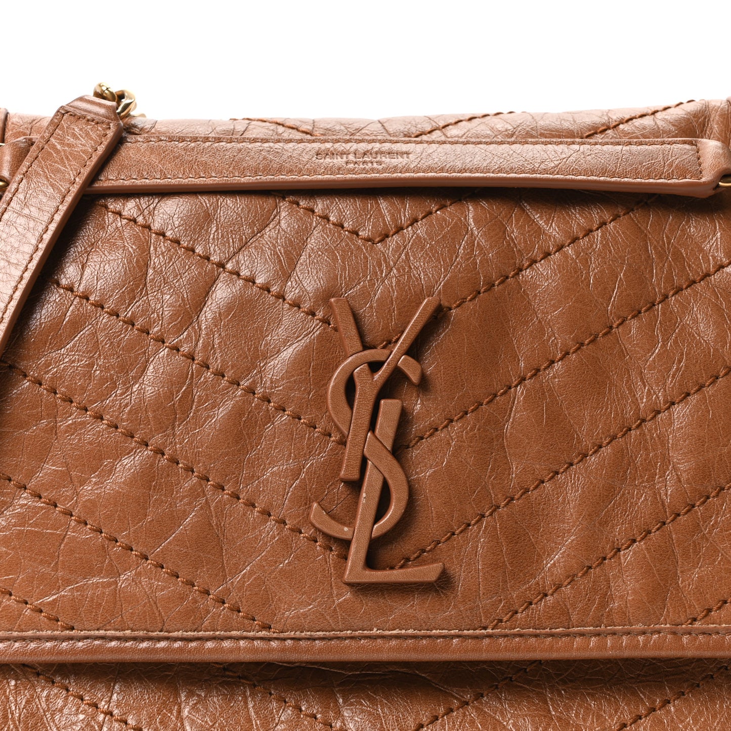 Crinkled Calfskin Matelasse Monogram Medium Niki Chain Satchel Caramel