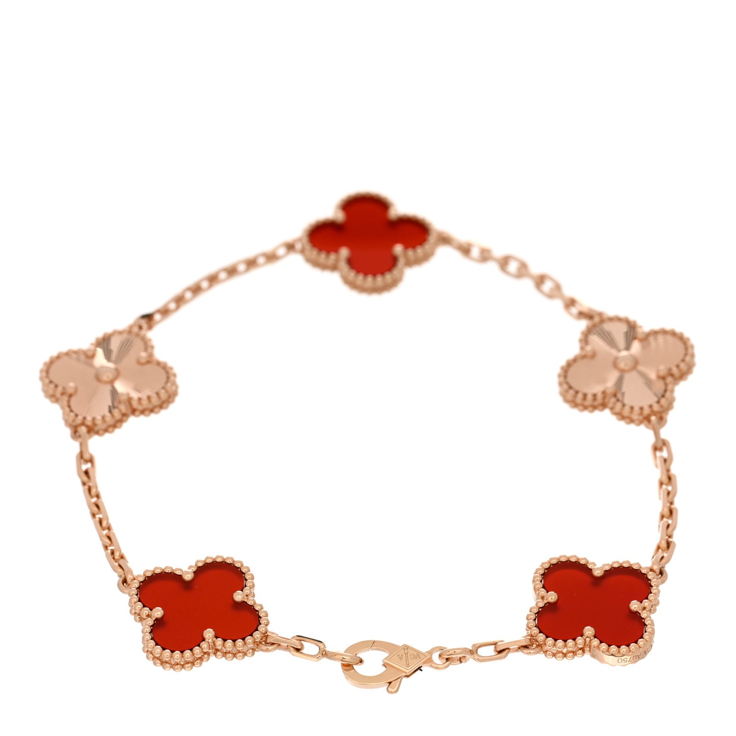 18K Rose Gold Carnelian 5 Motifs Guilloche Vintage Alhambra Bracelet