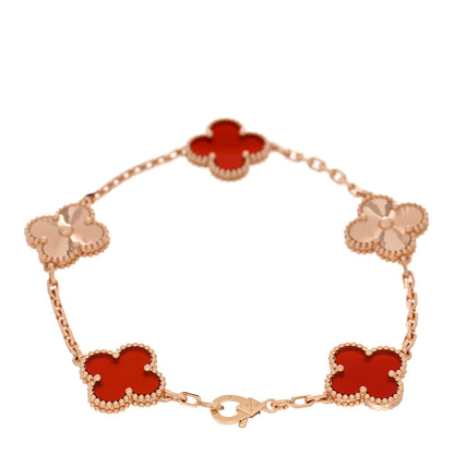 Van Cleef & Arpels 18K Rose Gold Carnelian 5 Motifs Guilloche Vintage Alhambra Bracelet 2 of 5