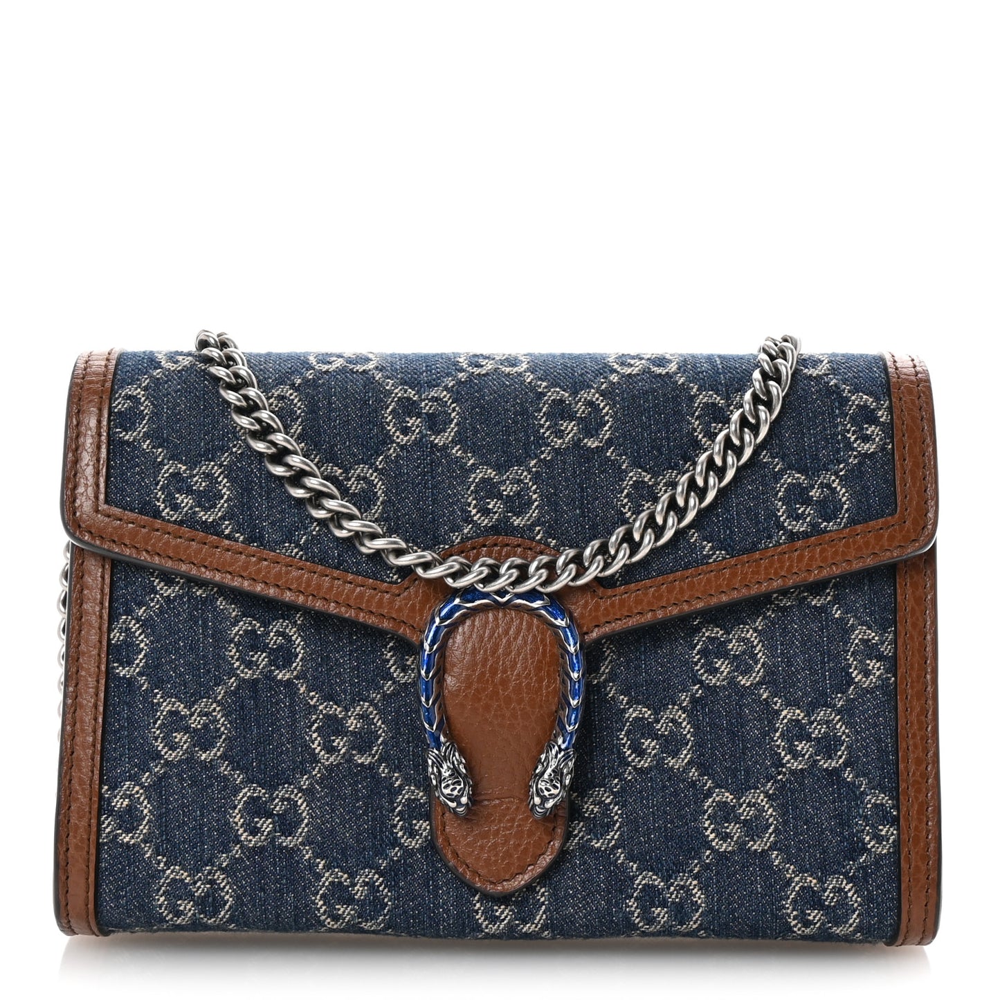 New Denim GG Monogram Dollar Calfskin Enamel Mini Dionysus Chain Wallet Blue Tea Cuir Epilog Electric Blue