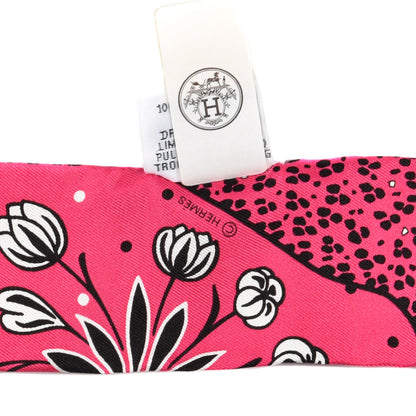 Hermes Silk Les Leopards Twilly Rose Vif Black White 3 of 3