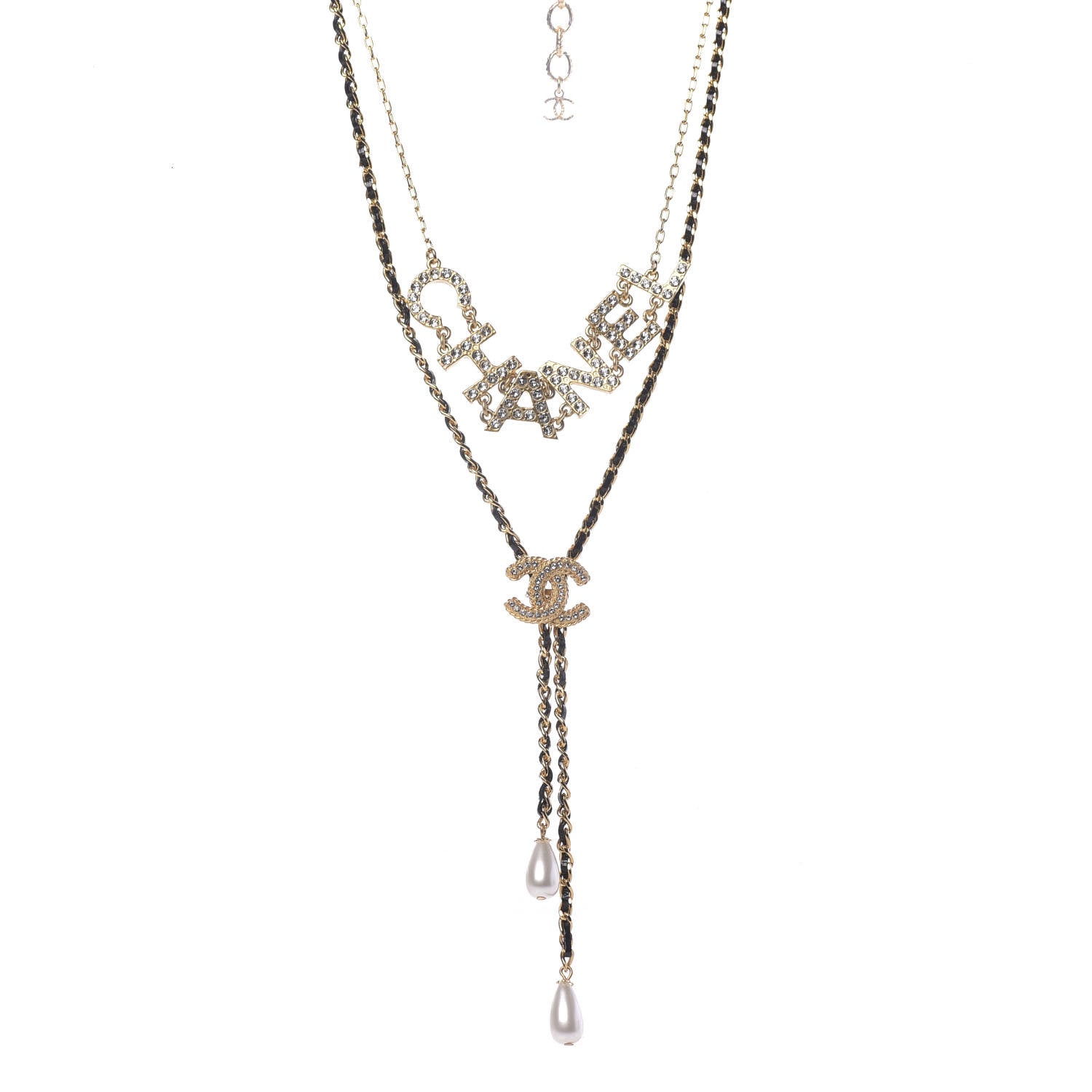 Chanel Lambskin Crystal Pearl Logo CC Double Strand Necklace Gold White Black 1 of 5