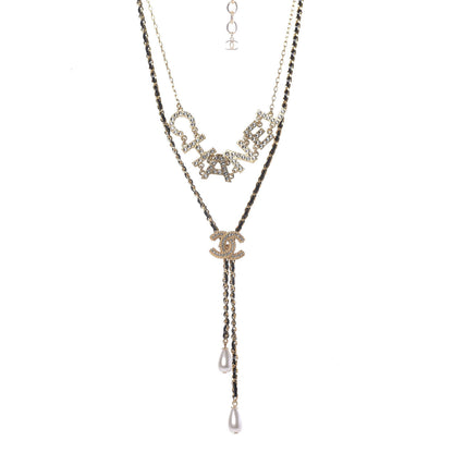 Chanel Lambskin Crystal Pearl Logo CC Double Strand Necklace Gold White Black 1 of 5