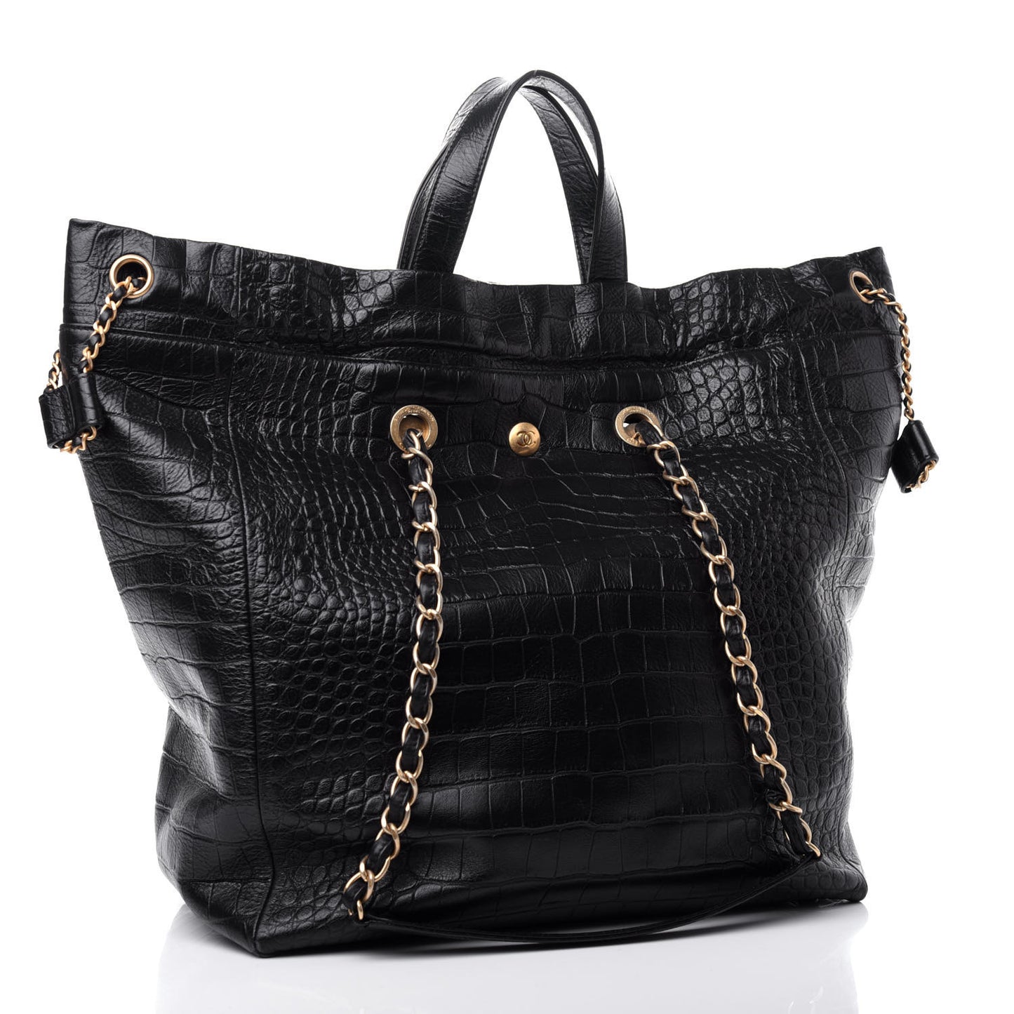 Calfskin Crocodile Embossed Large Cocodile Shopping Tote Black