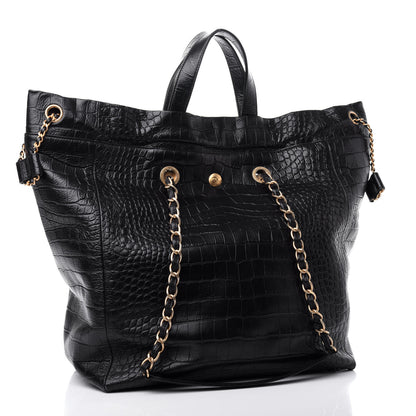 Chanel Calfskin Crocodile Embossed Large Cocodile Shopping Tote Black 3 of 10