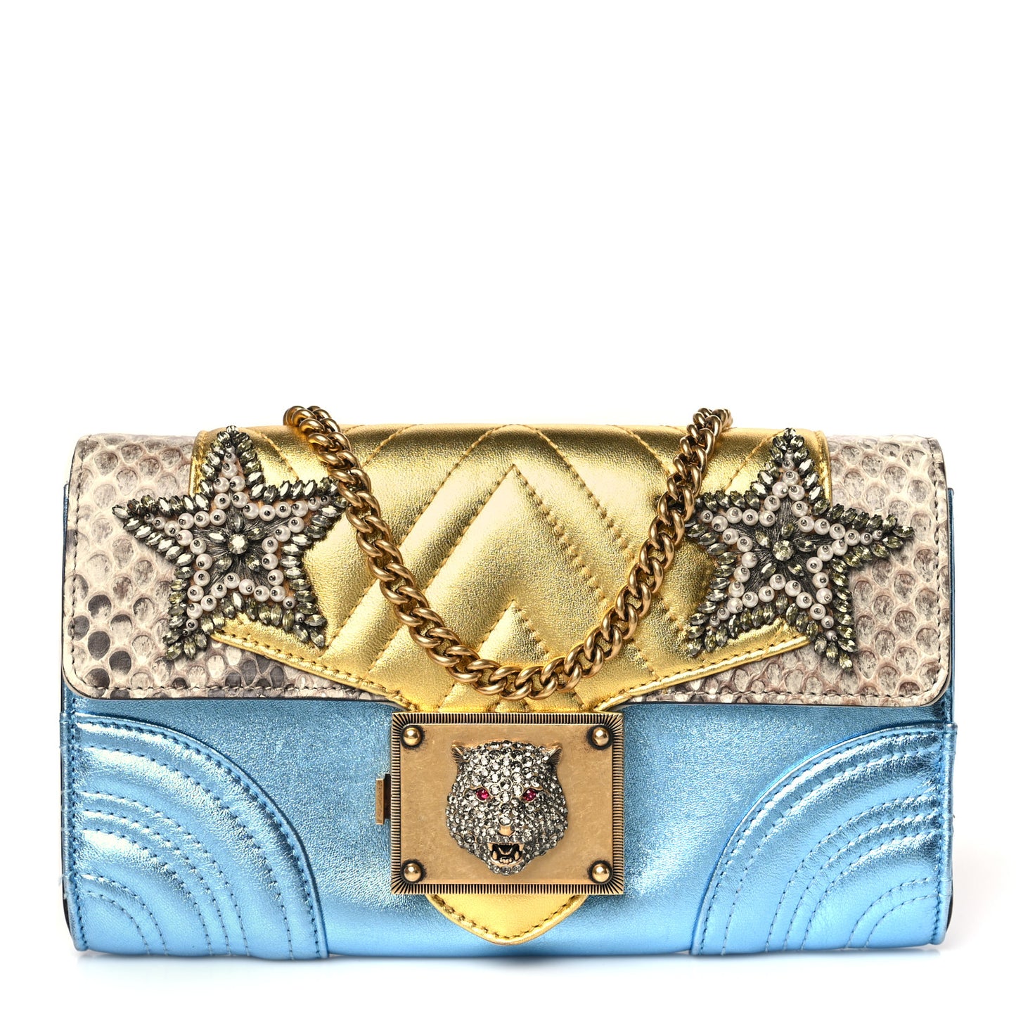 Snakeskin Metallic Nappa Animalier Broadway Chain Bag Blue Yellow