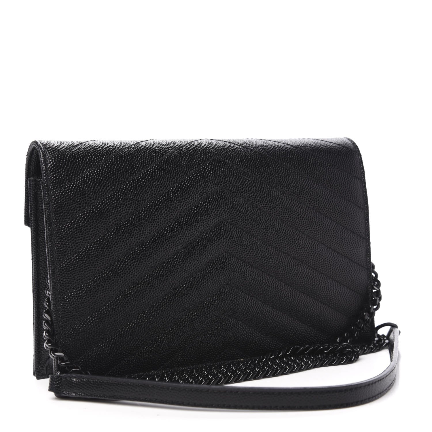 Saint Laurent Grain De Poudre Matelasse Chevron Monogram Envelope Chain Wallet Black 3 of 10