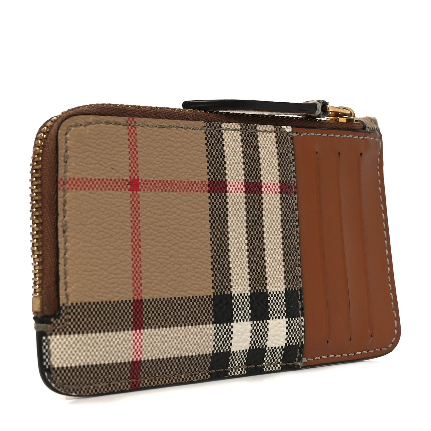 Check Calfskin Zip Card Case Holder Archive Beige