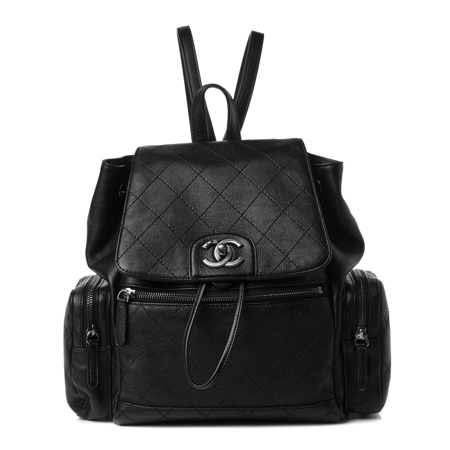 Grained Calfskin Stitched Pocket Backpack Black