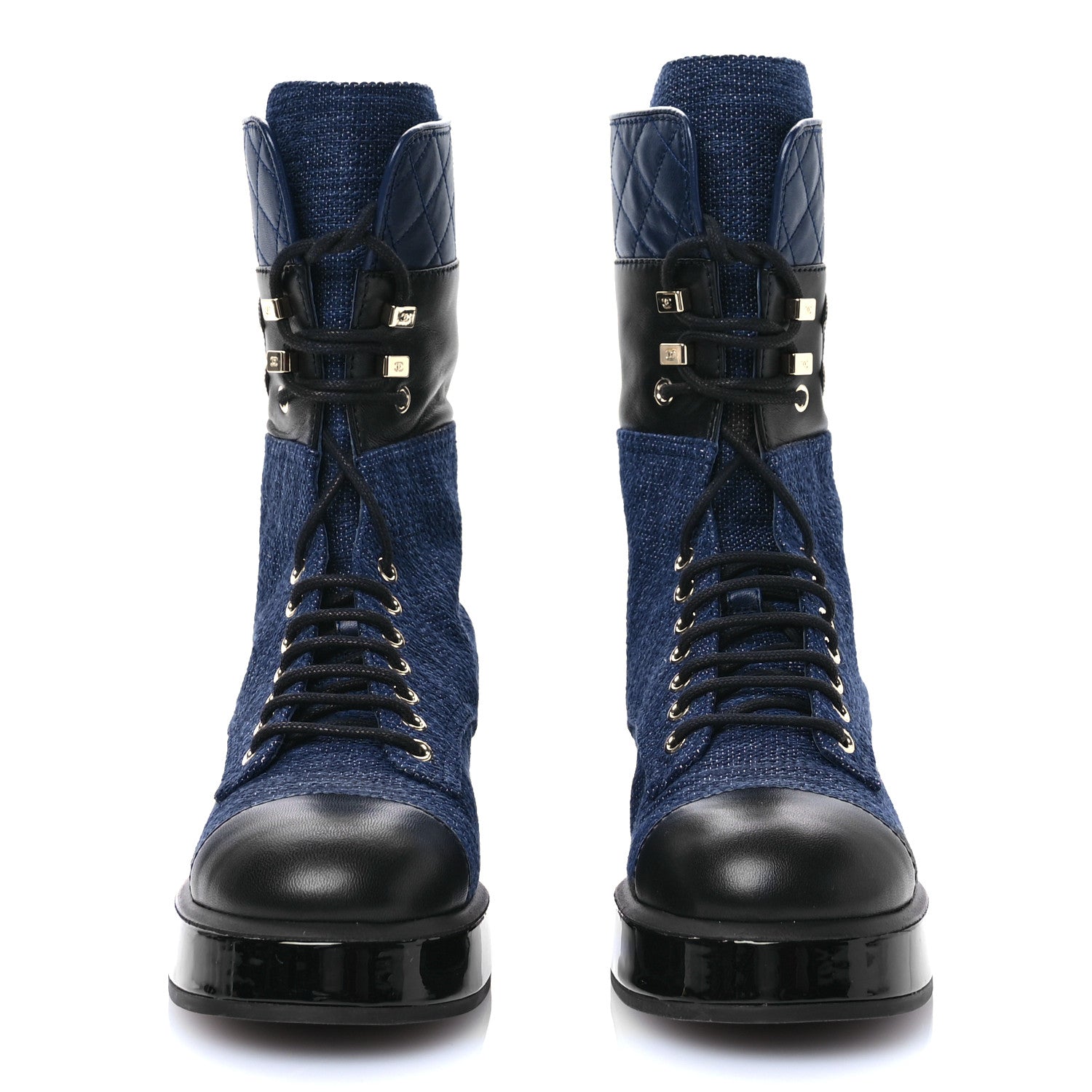 Chanel Denim Patent Lambskin Quilted CC Lace Up Combat Boots 37.5 Blue Black 2 of 8