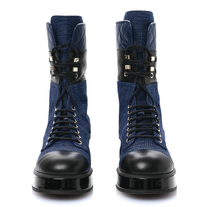 Chanel Denim Patent Lambskin Quilted CC Lace Up Combat Boots 37.5 Blue Black 2 of 8