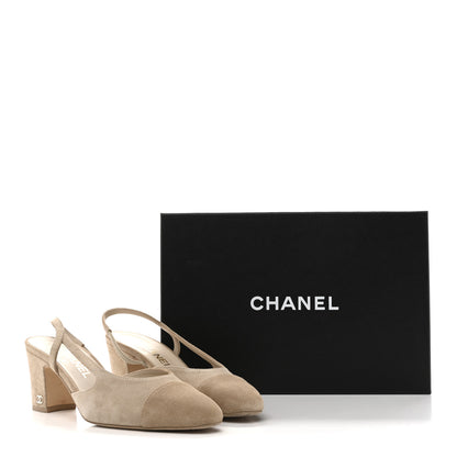 Chanel Suede Cap Toe CC Slingback Pumps 38 Ivory Light Beige 10 of 10