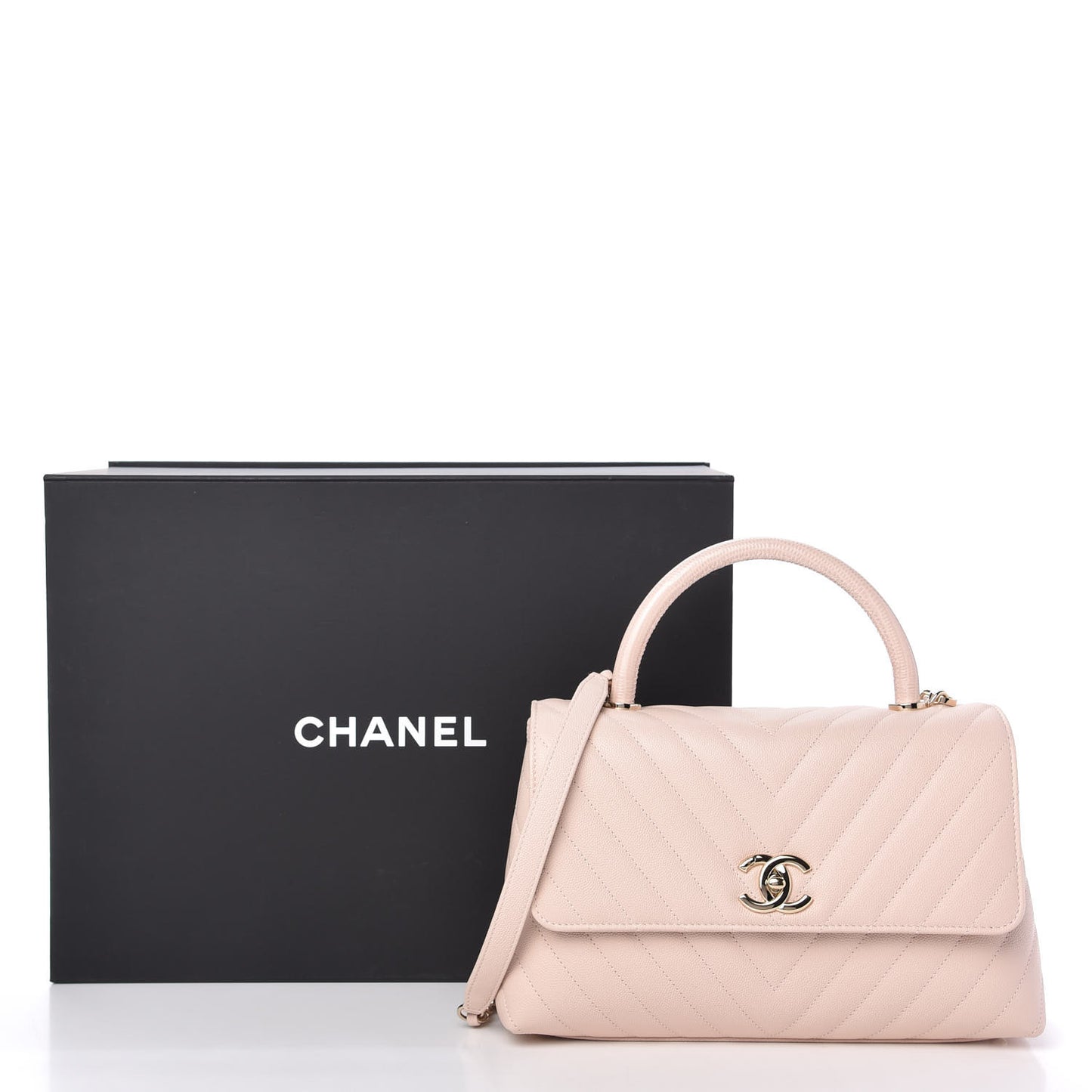Caviar Lizard Embossed Chevron Quilted Small Coco Handle Flap Beige