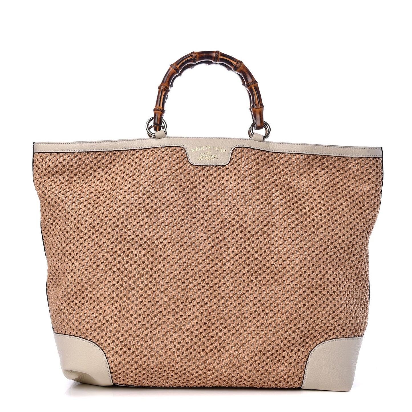 Straw Calfskin Large Bamboo Shopper Tote Natural