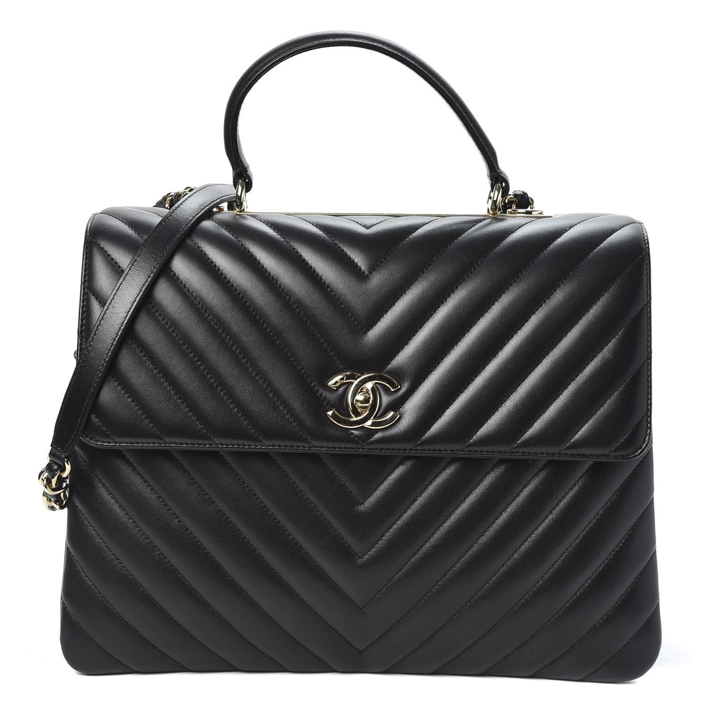 Lambskin Chevron Quilted Large Trendy CC Dual Handle Flap Bag Black