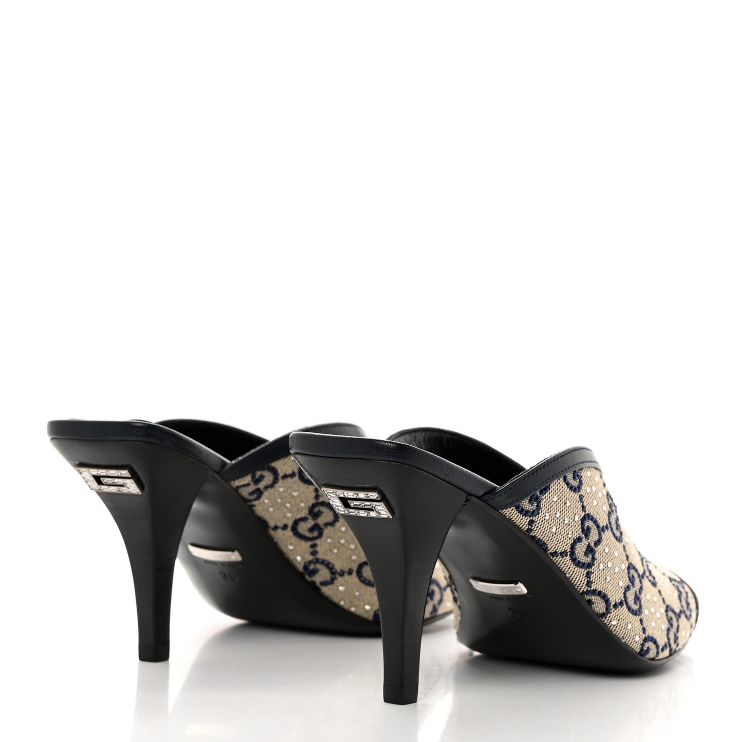New Canvas Malaga Kid Crystal GG Monogram Square G 95mm Slide Sandals 36 Beige Blue