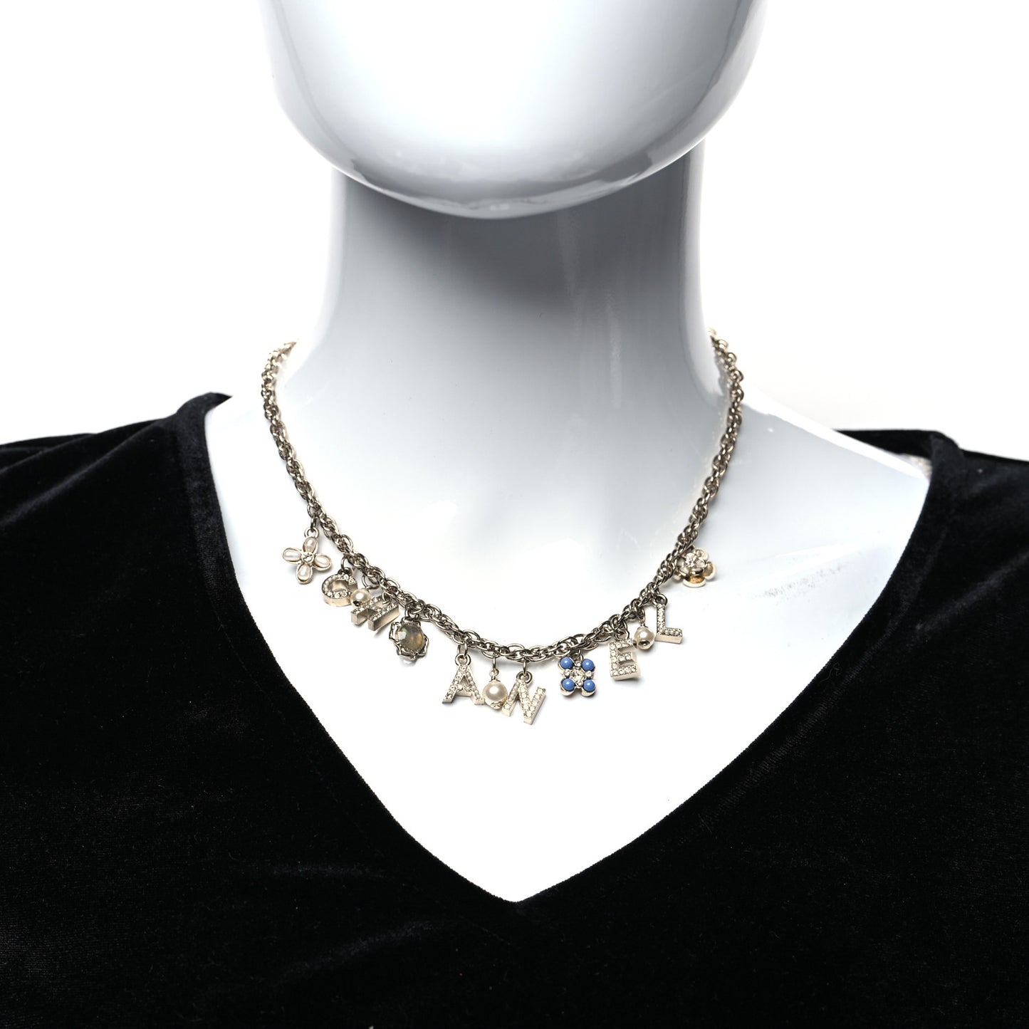 Crystal Pearl Logo Charm Necklace Gold