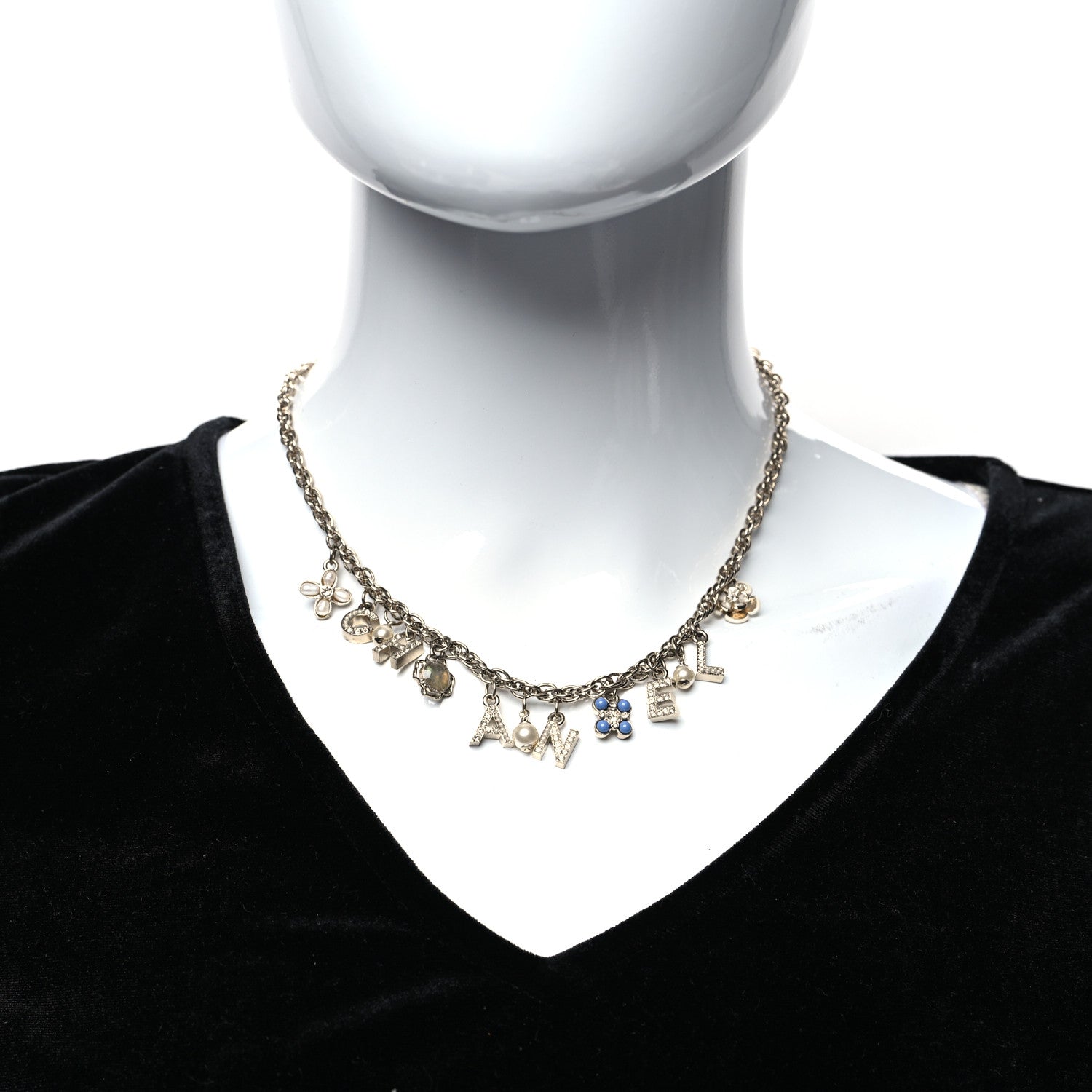Chanel Crystal Pearl Logo Charm Necklace Gold 2 of 5