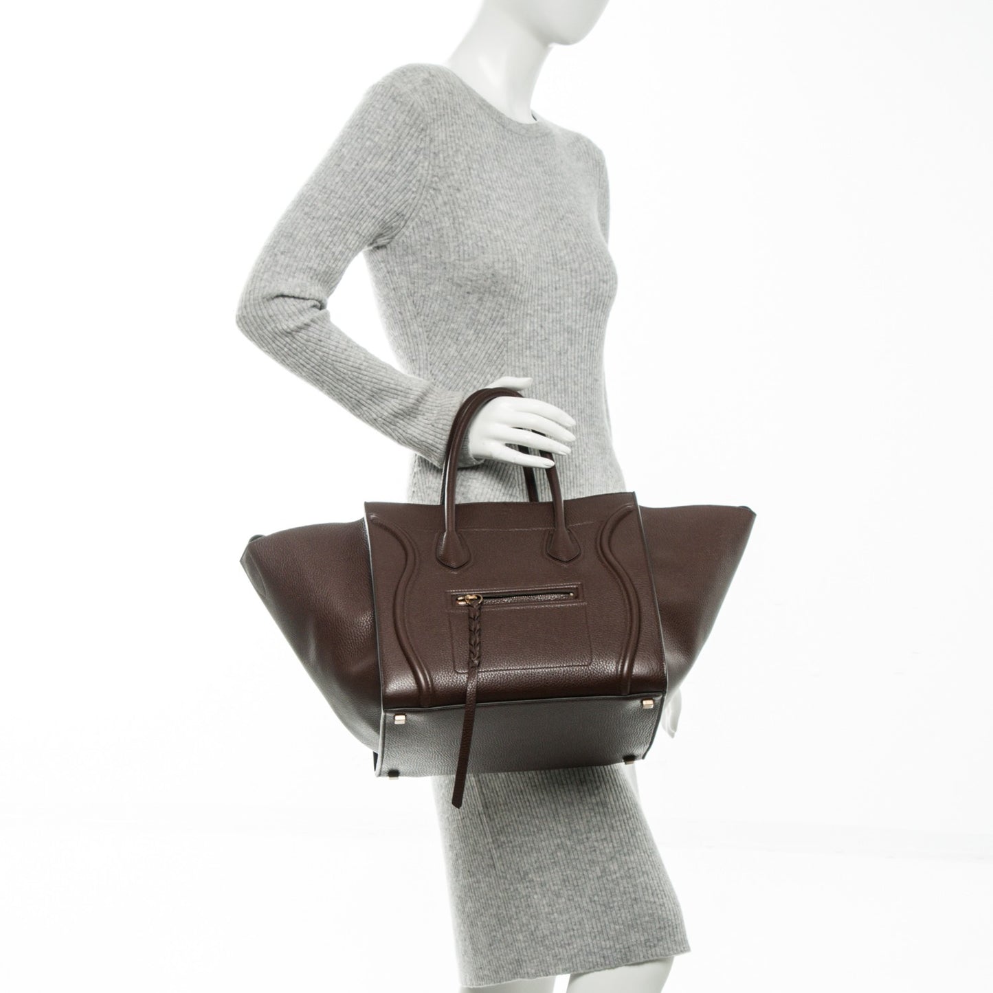 Shiny Grained Calfskin Medium Phantom Luggage Brown