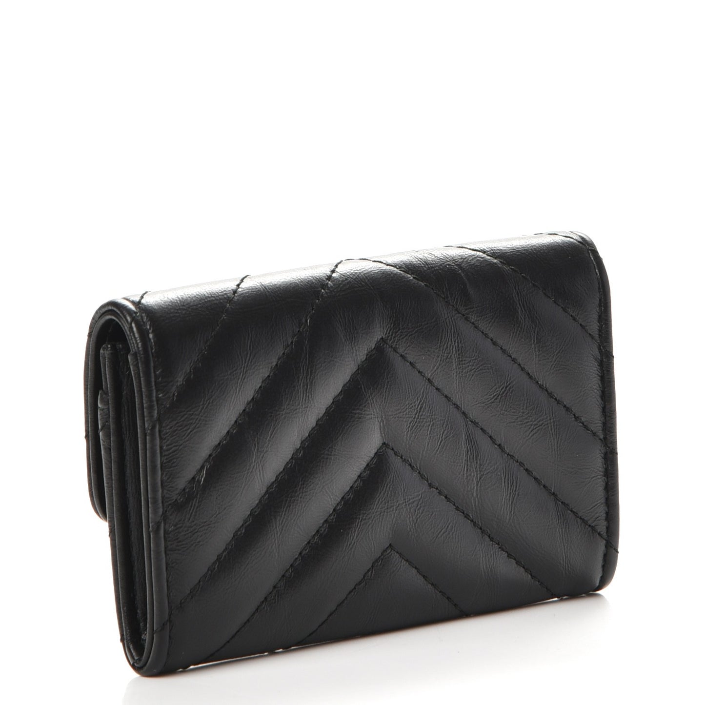 Aged Calfskin Chevron Quilted Card Holder Wallet So Black