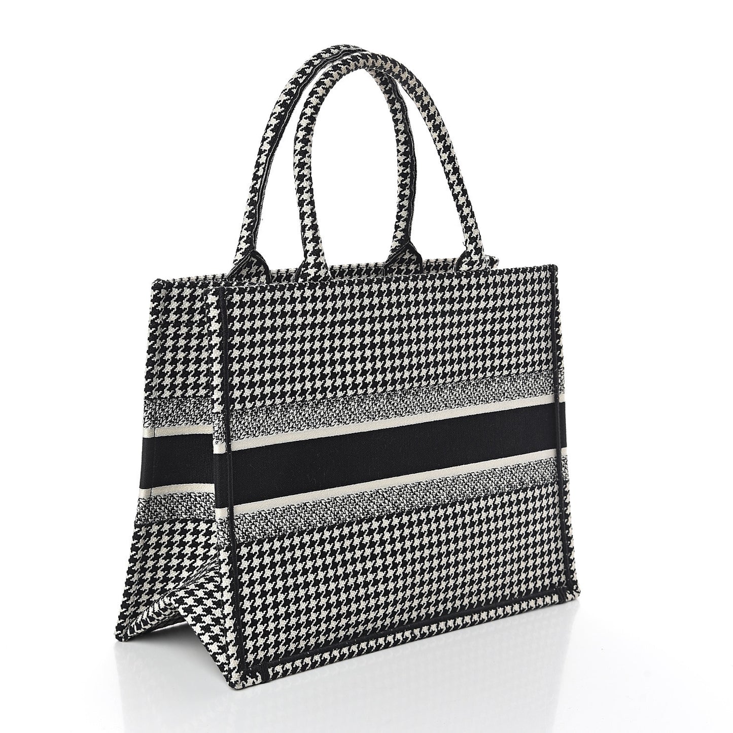 Canvas Houndstooth Embroidered Medium Book Tote Black White
