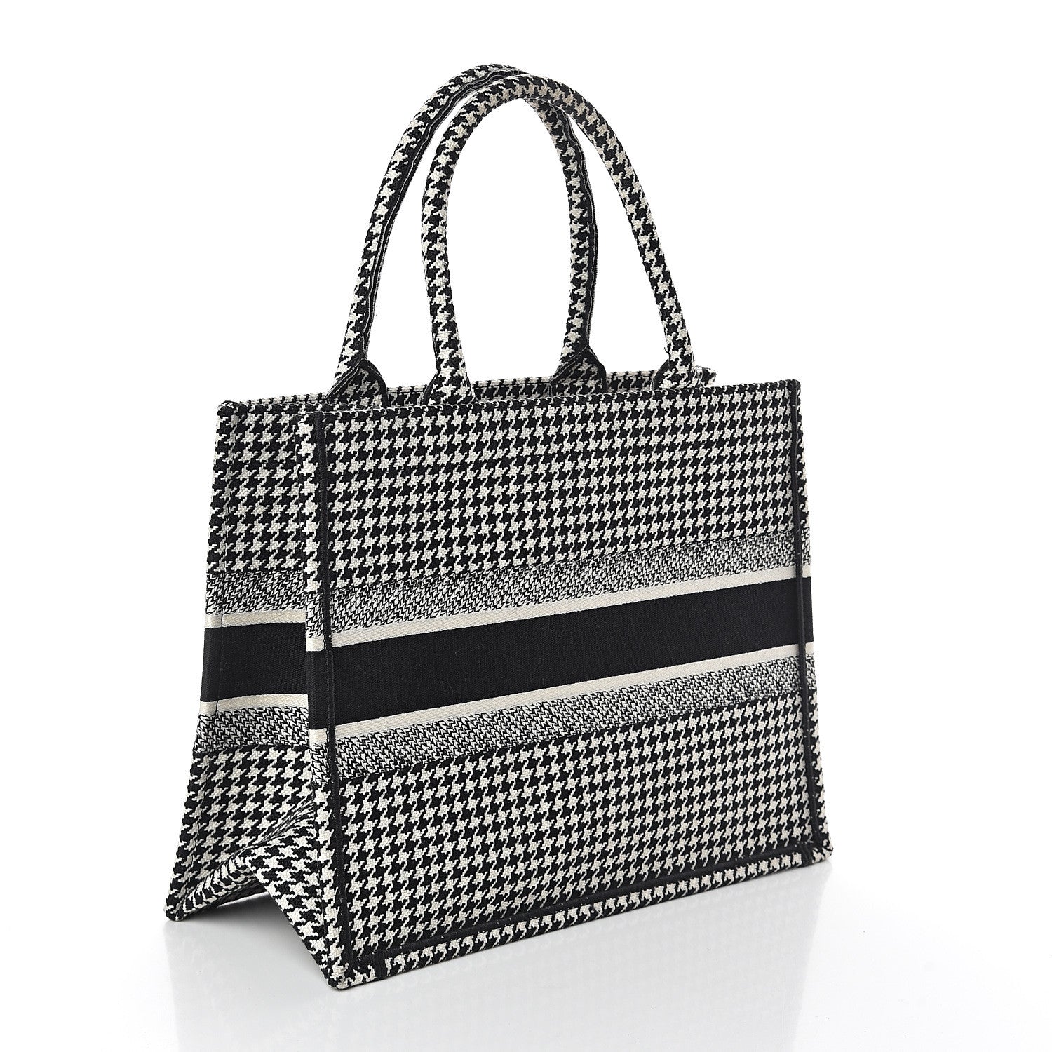 Christian Dior Canvas Houndstooth Embroidered Medium Book Tote Black White 2 of 8