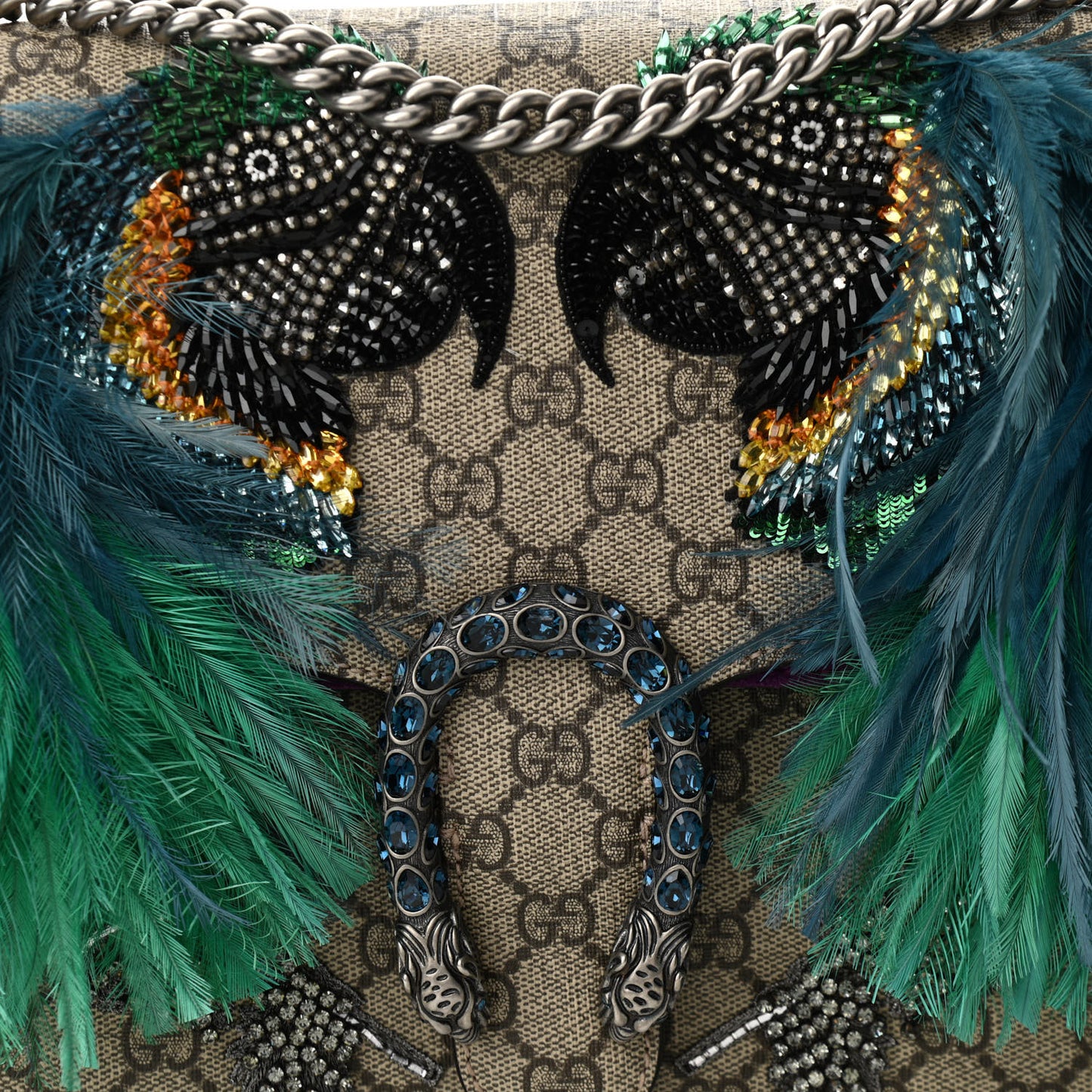 GG Supreme Monogram Feather Embroidered Medium Dionysus Parrot Shoulder Bag Beige Multicolor