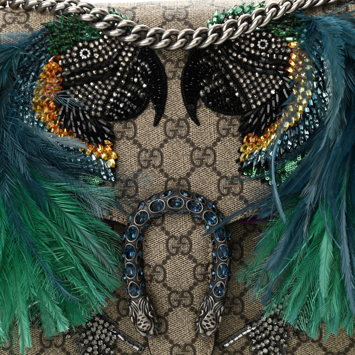 Gucci GG Supreme Monogram Feather Embroidered Medium Dionysus Parrot Shoulder Bag Beige Multicolor 8 of 12