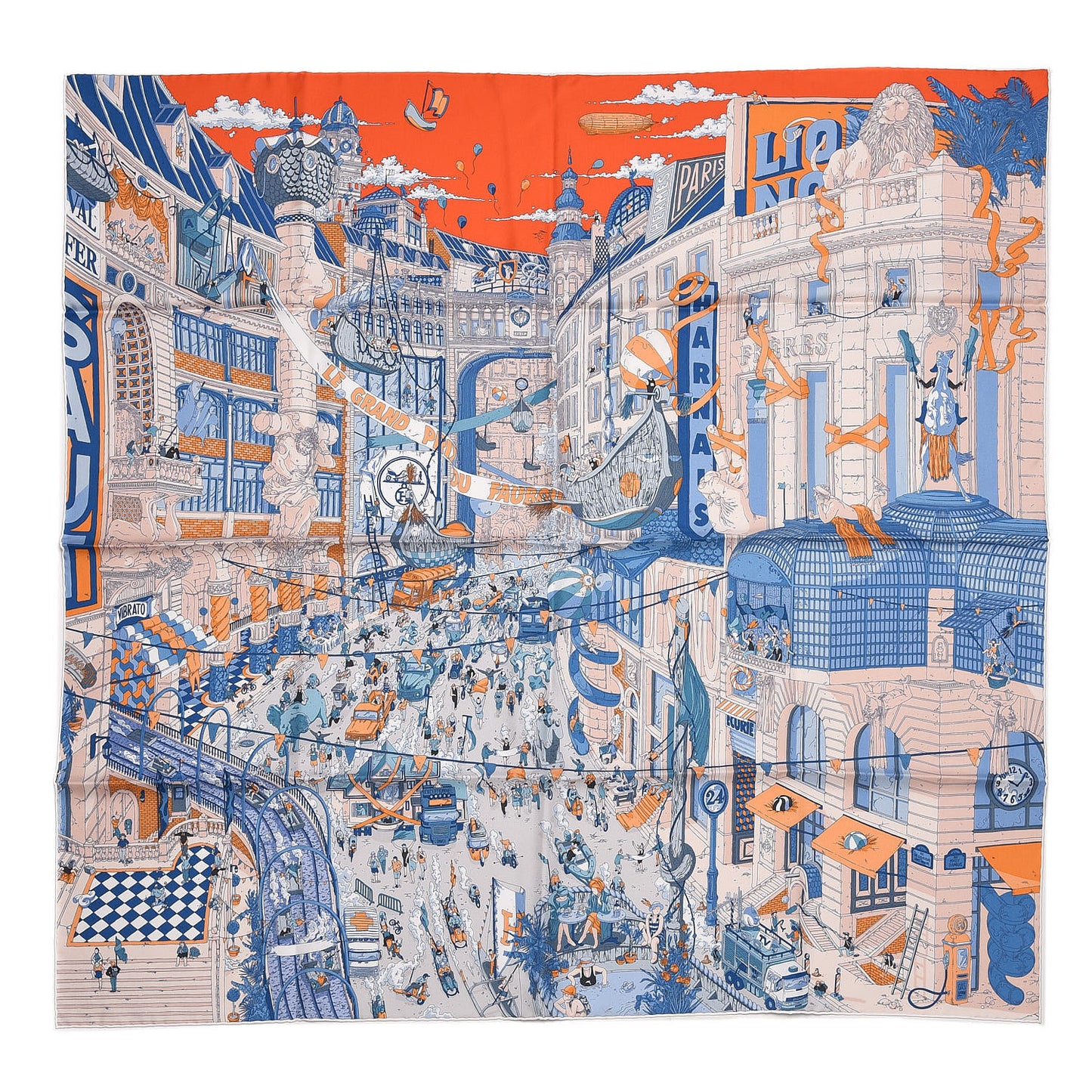 Silk Le Grand Prix du Faubourg Scarf 90 Orange Bleu White