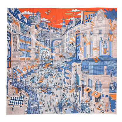 Hermes Silk Le Grand Prix du Faubourg Scarf 90 Orange Bleu White 1 of 4