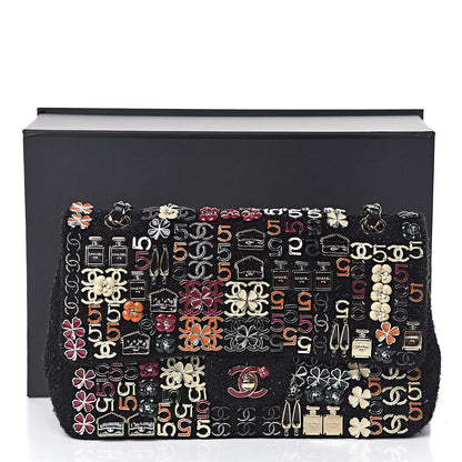 Chanel Tweed Lambskin Charms Embroidered Medium Double Flap Black 19 of 19