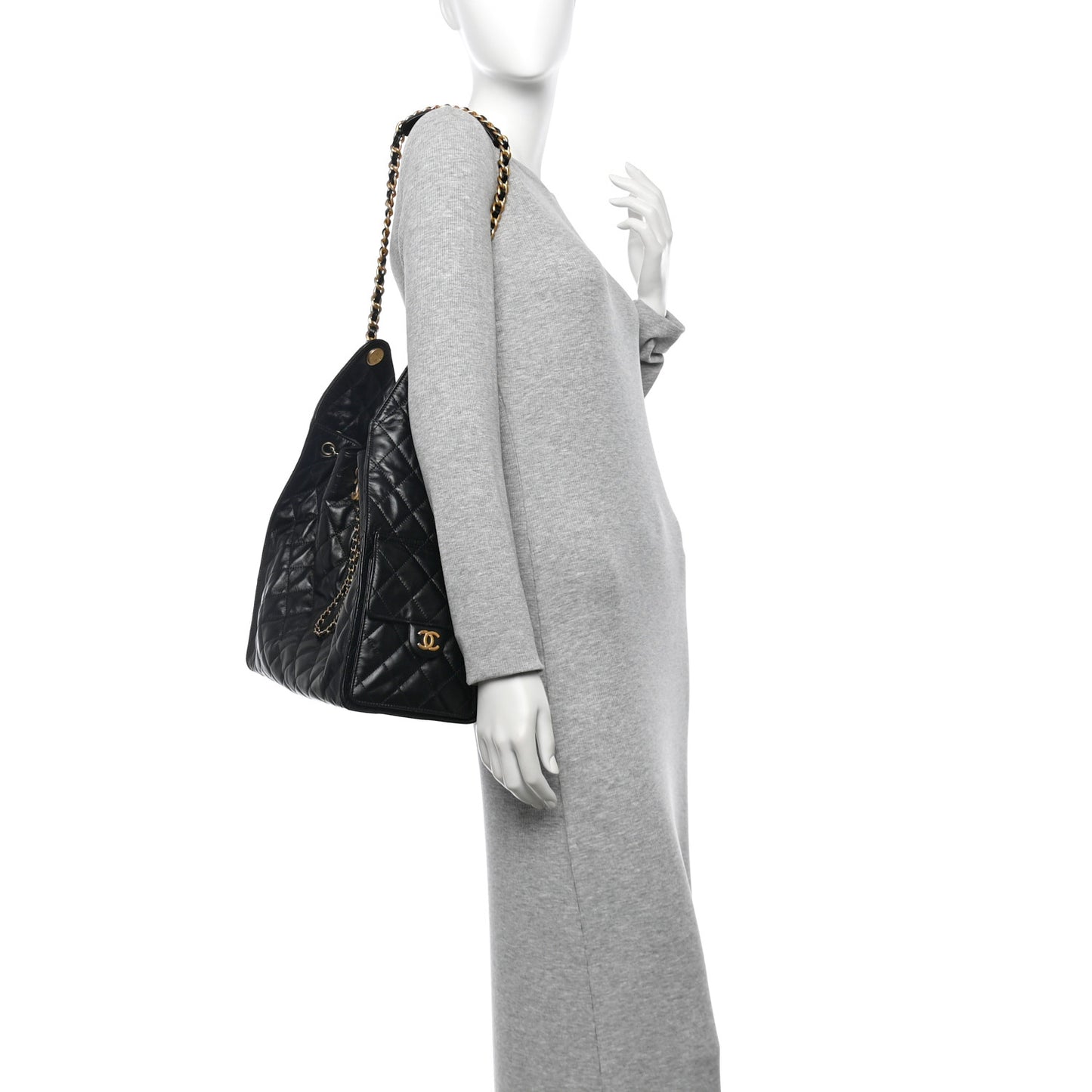Shiny Crumpled Calfskin Quilted Medium Chanel 25 Handbag Black