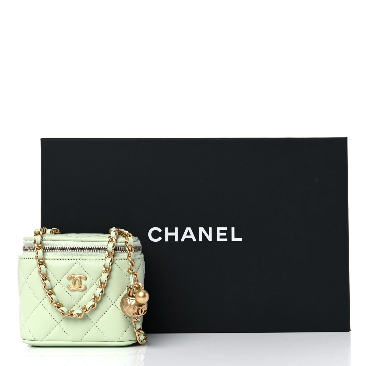 Lambskin Quilted Pearl Crush Mini Vanity Case With Chain Light Green